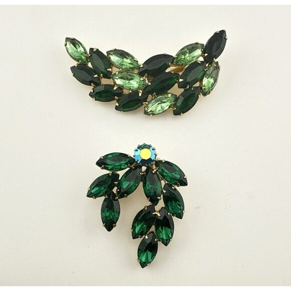 Vintage Rhinestone Brooch Green Lot Set 2 pcs Floral Spray Prong Set Cluster - Picture 1 of 13